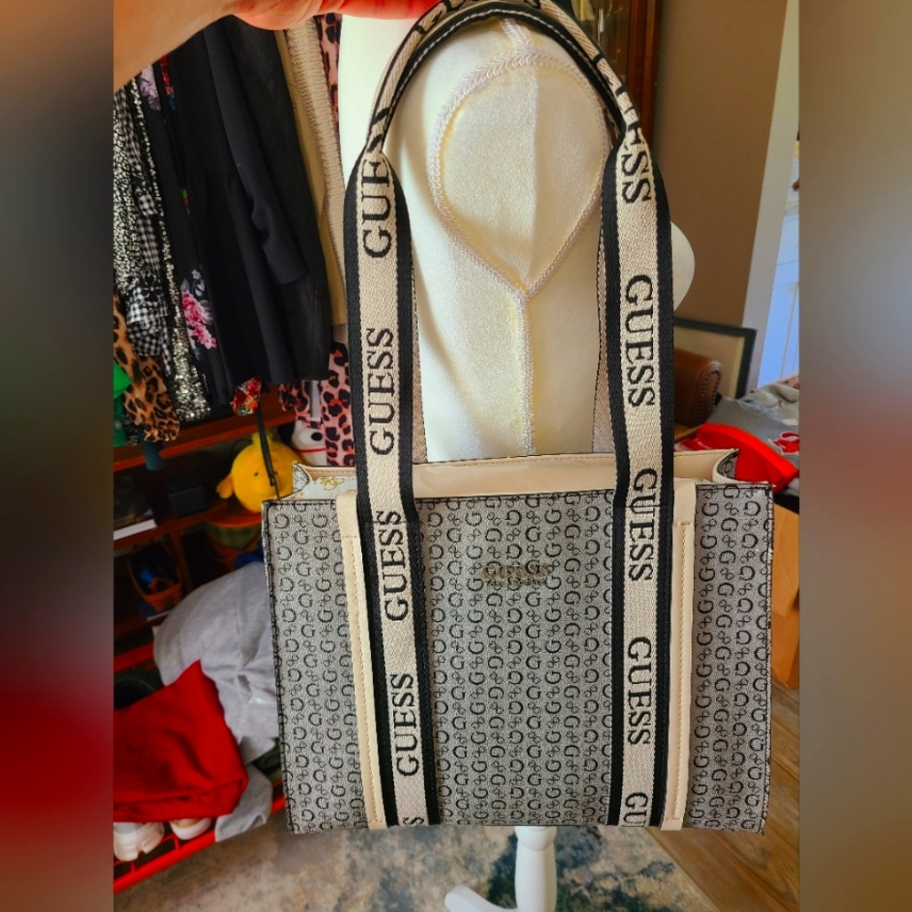 Guess Black and Cream Tote Bag with Monogram Design, NEW